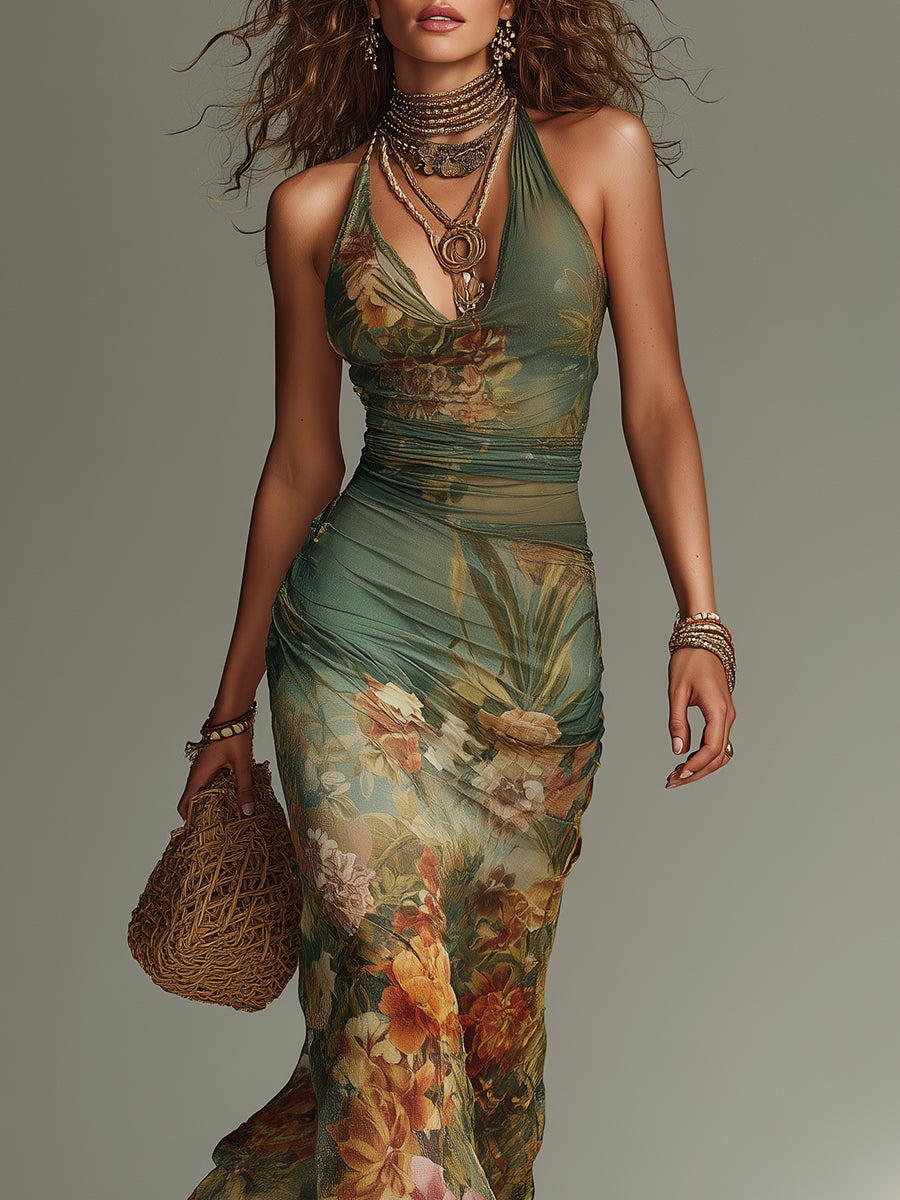 Vestido longo floral ajustado com sobreposição transparente — Bene Donna — imagem 06