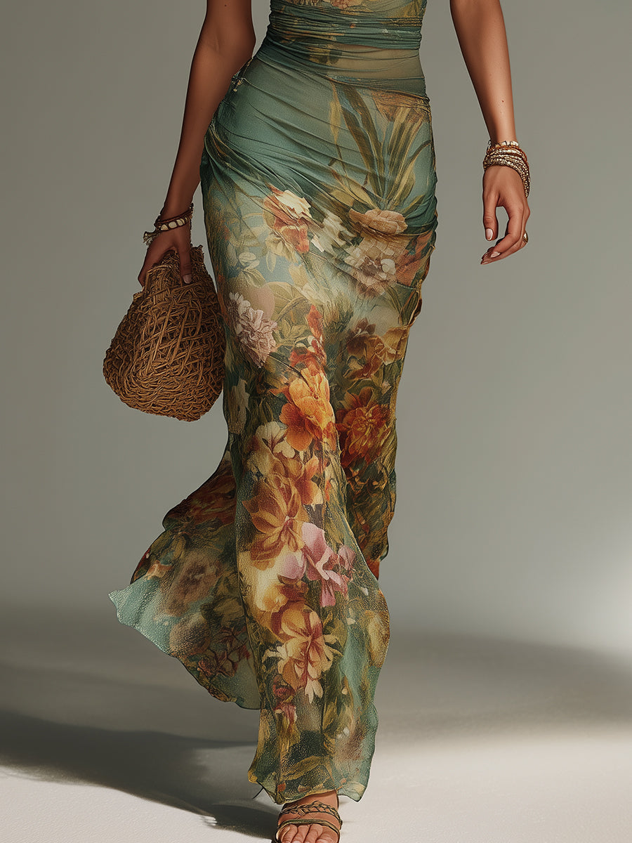 Vestido longo floral ajustado com sobreposição transparente — Bene Donna — imagem 07
