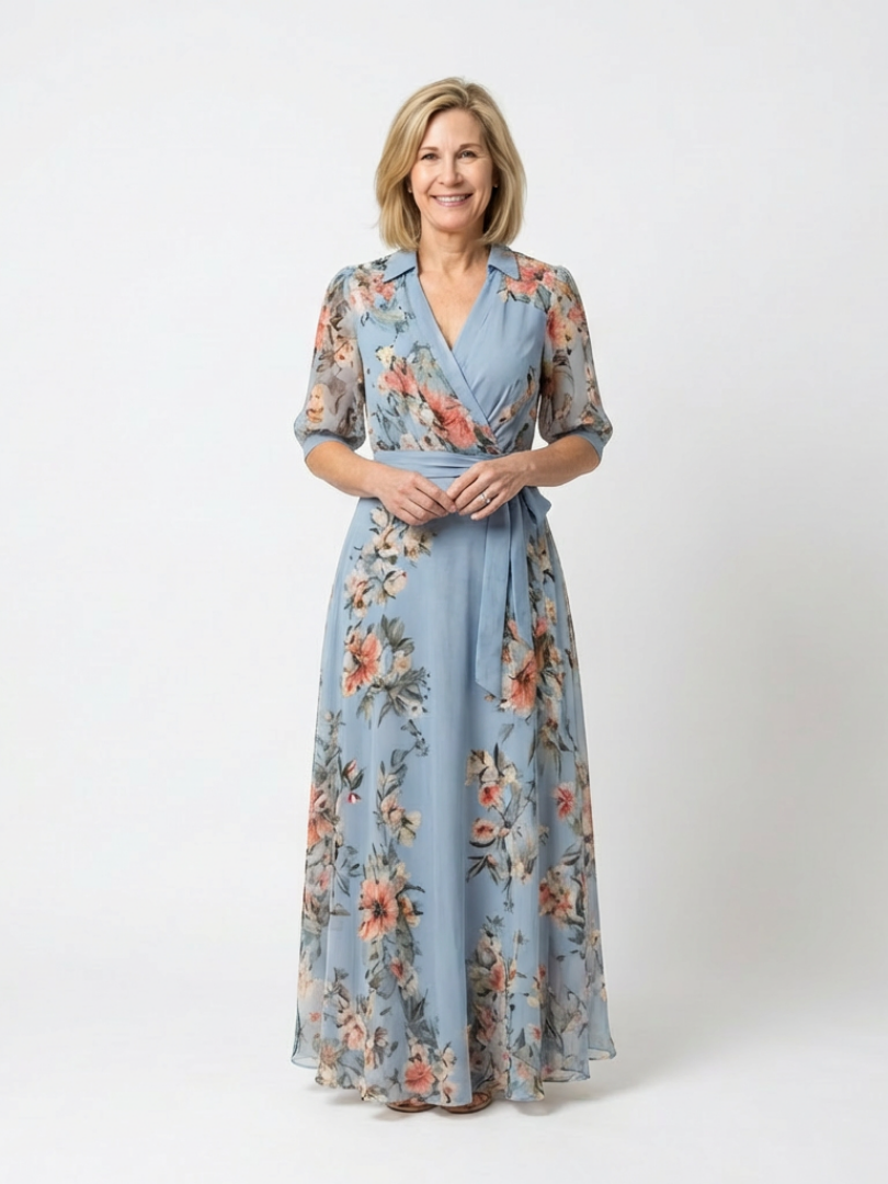 Vestido longo floral azul com mangas transparentes e cinto — Bene Donna — imagem 01