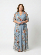 Vestido longo floral azul com mangas transparentes e cinto — Bene Donna — imagem 04