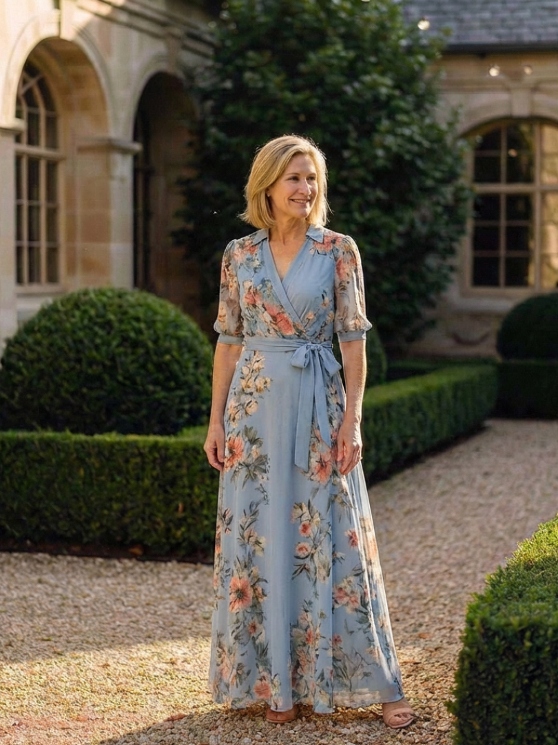 Vestido longo floral azul com mangas transparentes e cinto — Bene Donna — imagem 05