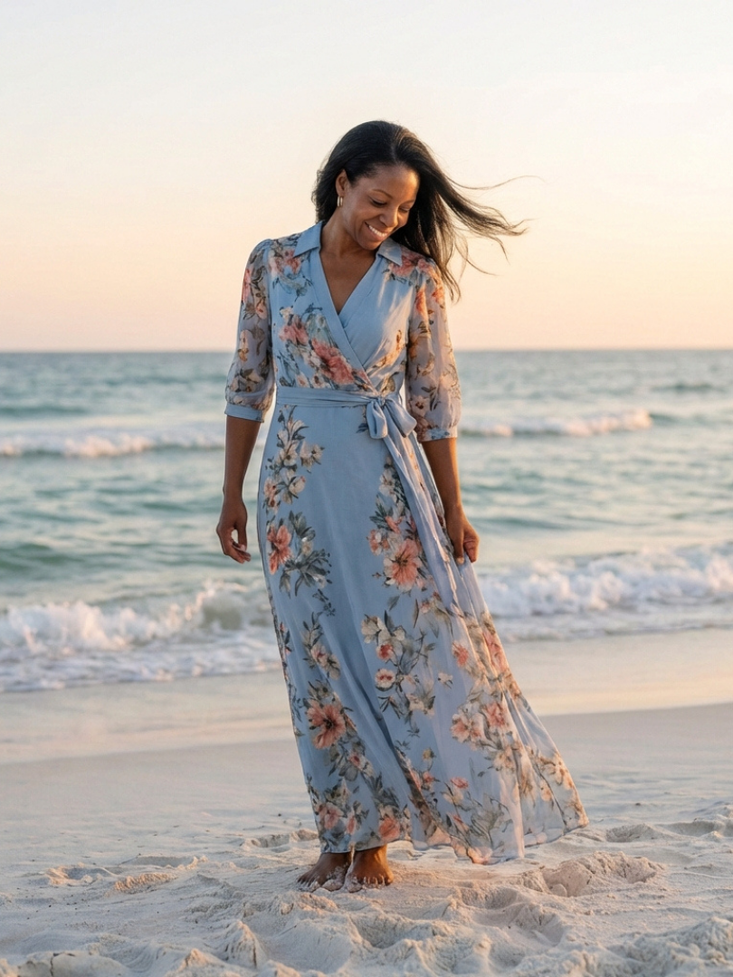 Vestido longo floral azul com mangas transparentes e cinto — Bene Donna — imagem 06