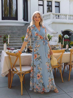 Vestido longo floral azul com mangas transparentes e cinto — Bene Donna — imagem 07