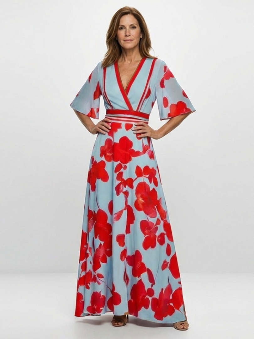 Vestido longo floral com acabamentos contrastantes e mangas curtas — Bene Donna — imagem 01