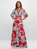 Vestido longo floral com acabamentos contrastantes e mangas curtas — Bene Donna — imagem 01