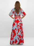 Vestido longo floral com acabamentos contrastantes e mangas curtas — Bene Donna — imagem 02
