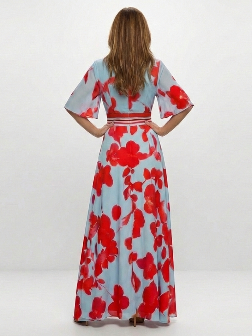 Vestido longo floral com acabamentos contrastantes e mangas curtas — Bene Donna — imagem 02