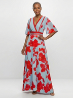 Vestido longo floral com acabamentos contrastantes e mangas curtas — Bene Donna — imagem 04