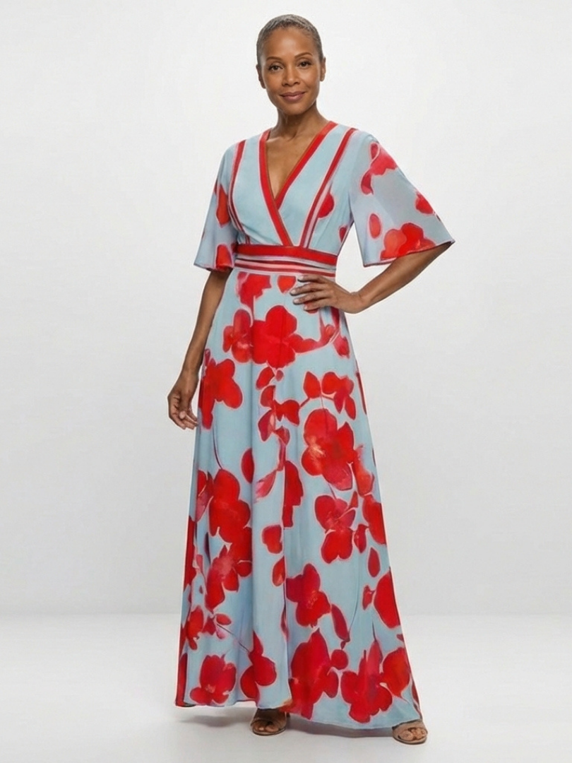 Vestido longo floral com acabamentos contrastantes e mangas curtas — Bene Donna — imagem 04