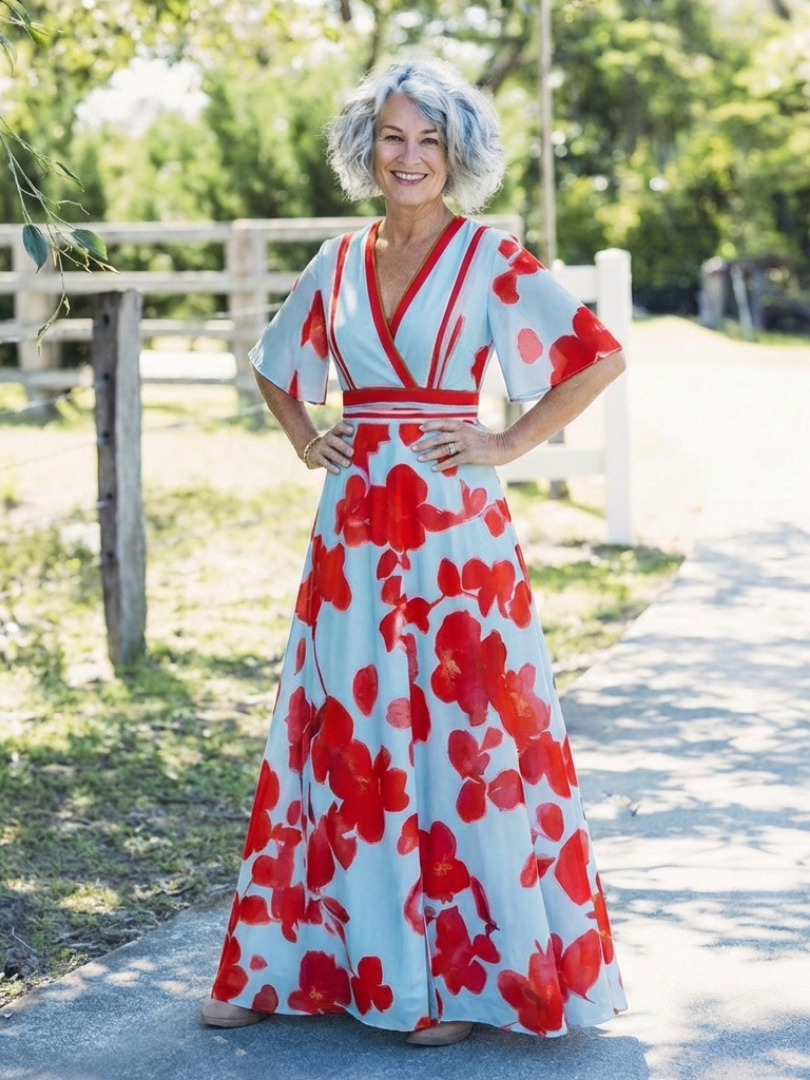 Vestido longo floral com acabamentos contrastantes e mangas curtas — Bene Donna — imagem 05