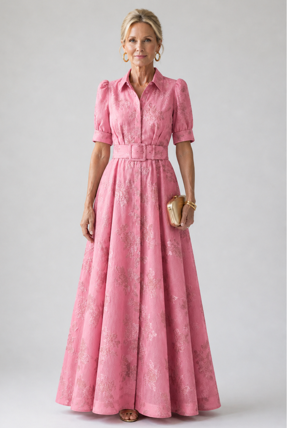 Vestido longo floral com gola de camisa e cinto largo — Bene Donna — imagem 01