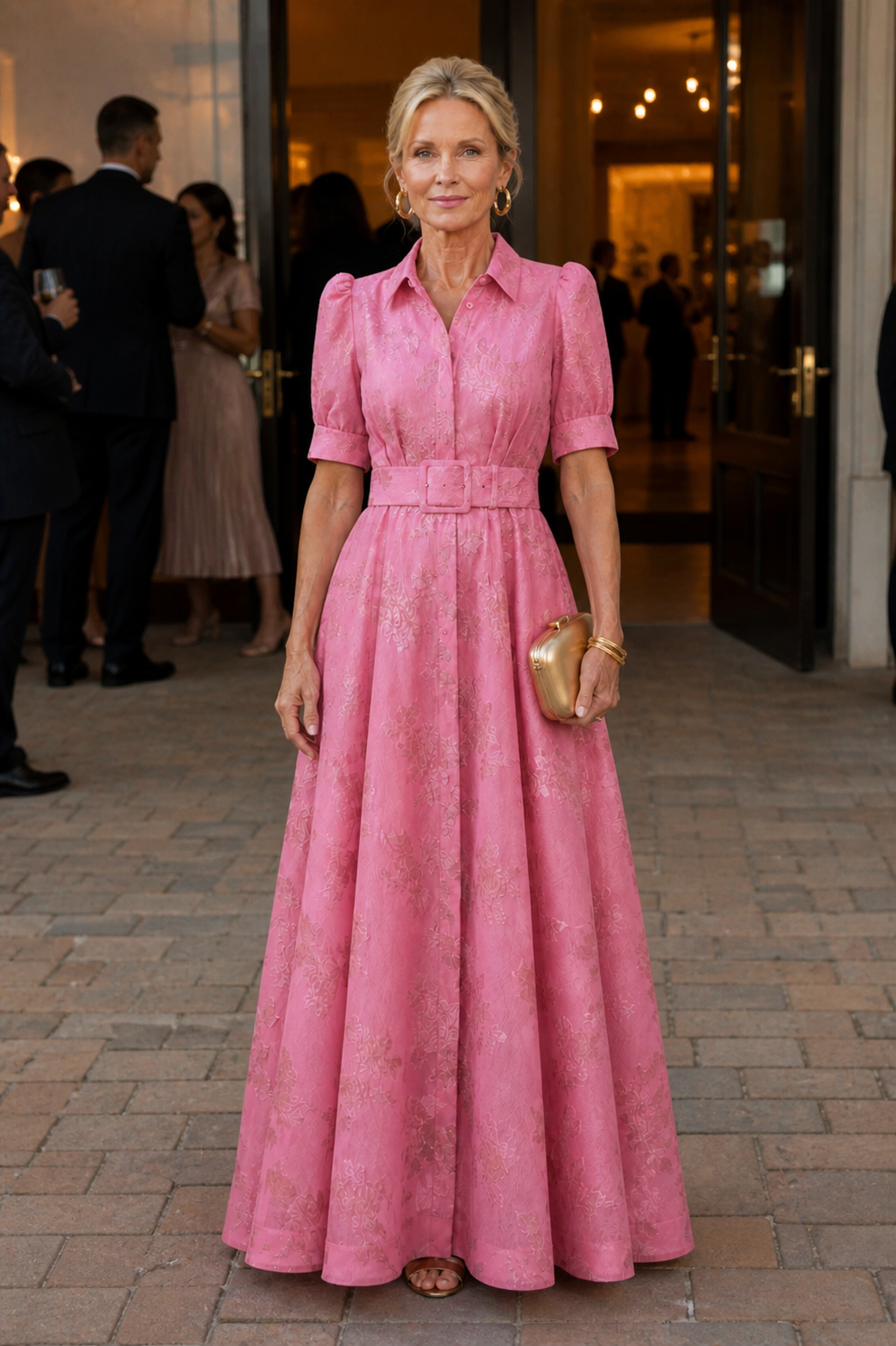 Vestido longo floral com gola de camisa e cinto largo — Bene Donna — imagem 02