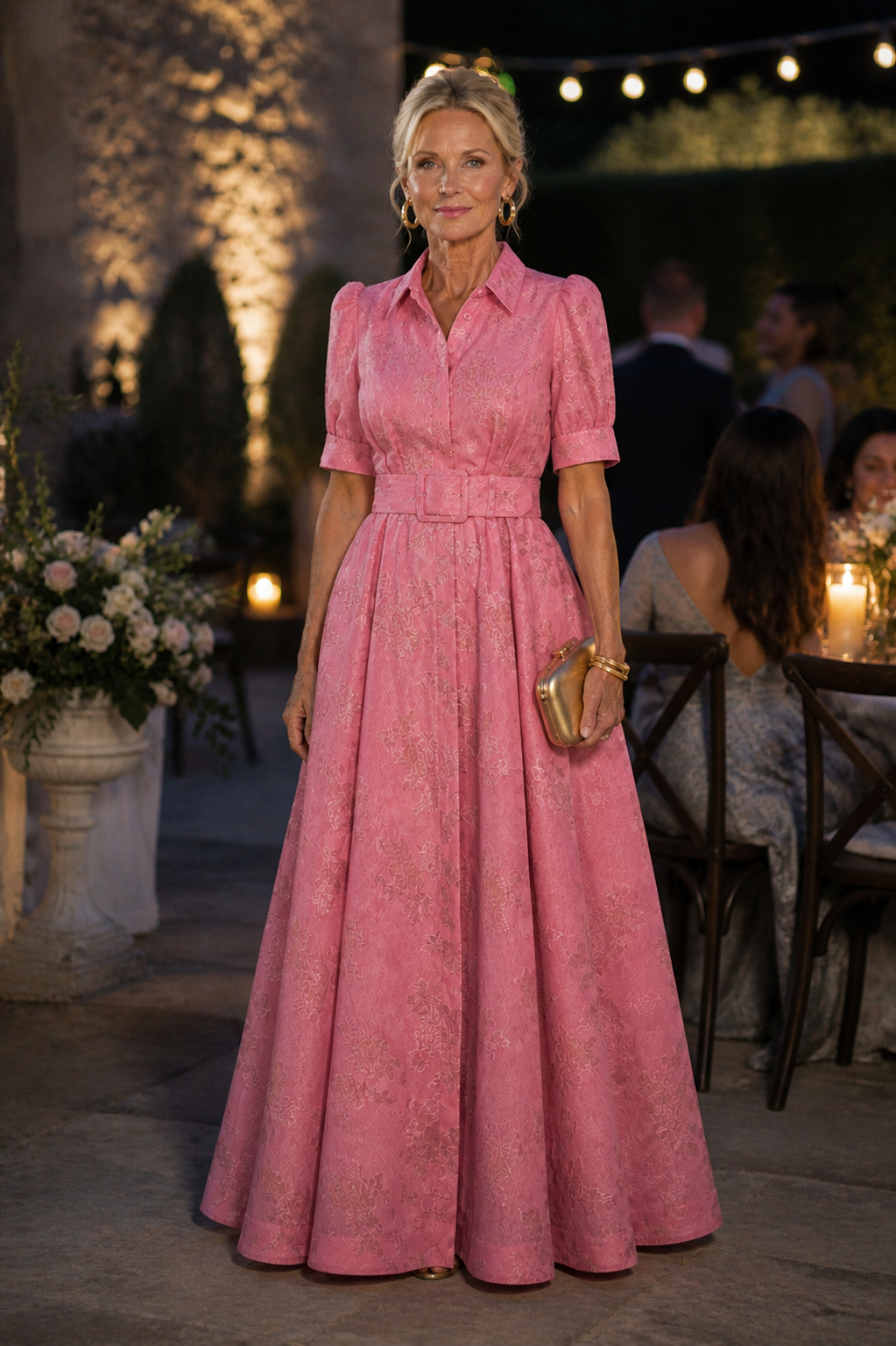 Vestido longo floral com gola de camisa e cinto largo — Bene Donna — imagem 04