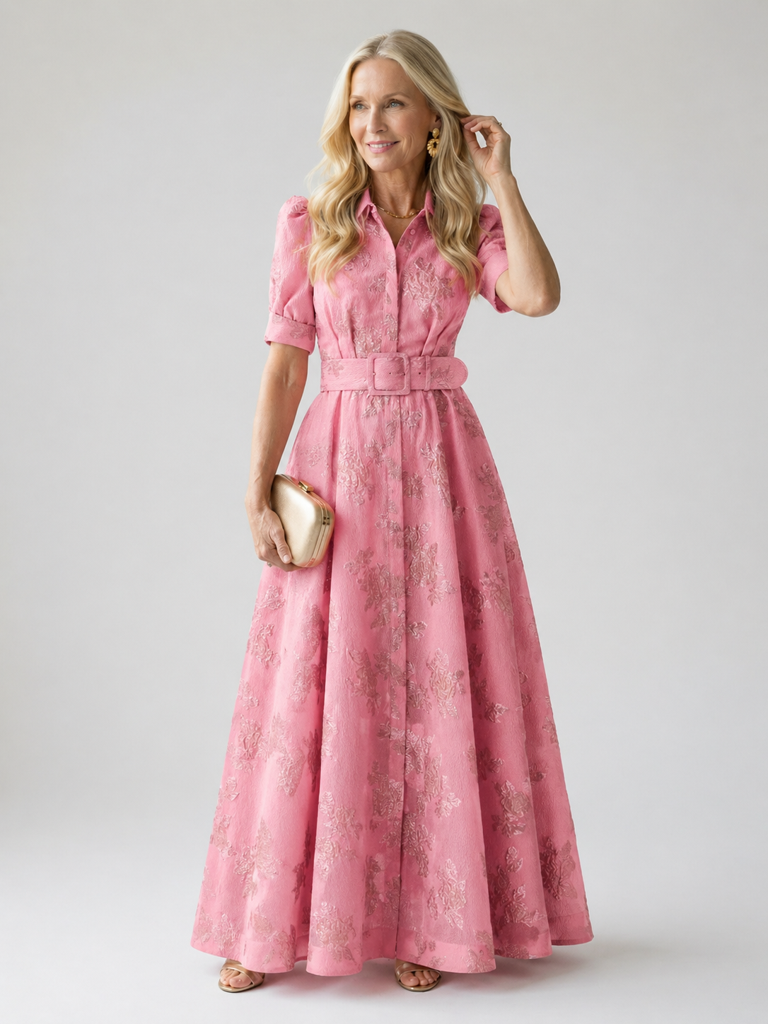 Vestido longo floral com gola de camisa e cinto largo — Bene Donna — imagem 05