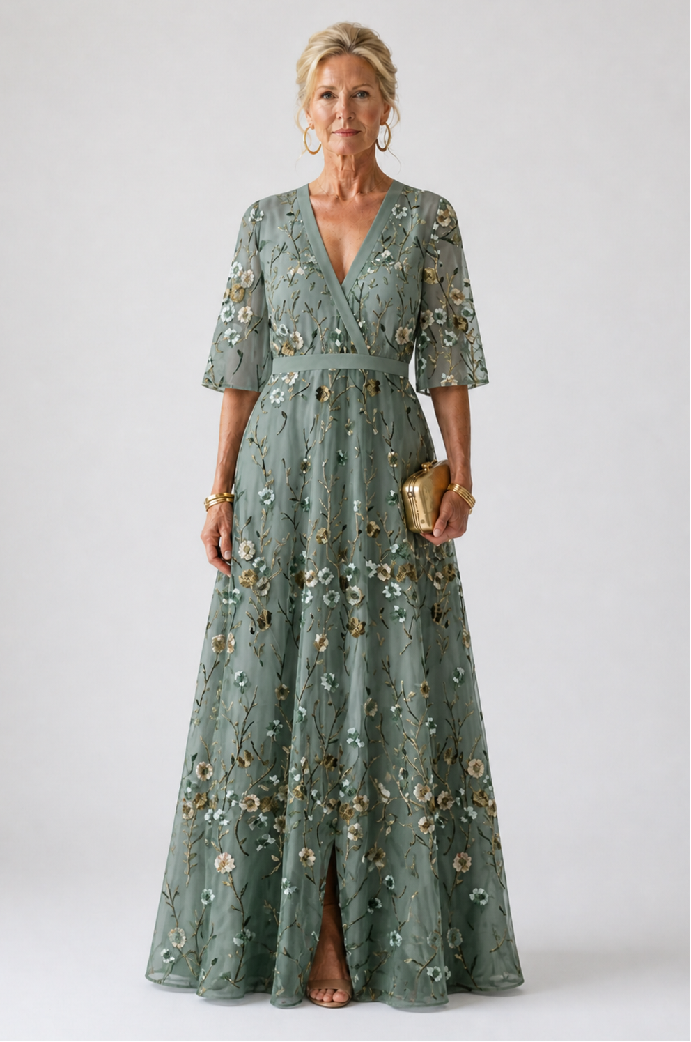 Vestido longo floral com mangas até o cotovelo e transparência — Bene Donna — imagem 01
