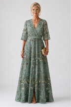 Vestido longo floral com mangas até o cotovelo e transparência — Bene Donna — imagem 01
