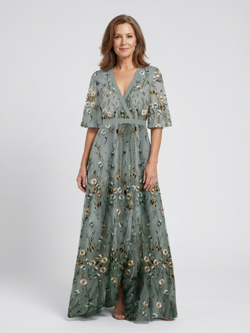 Vestido longo floral com mangas até o cotovelo e transparência — Bene Donna — imagem 02