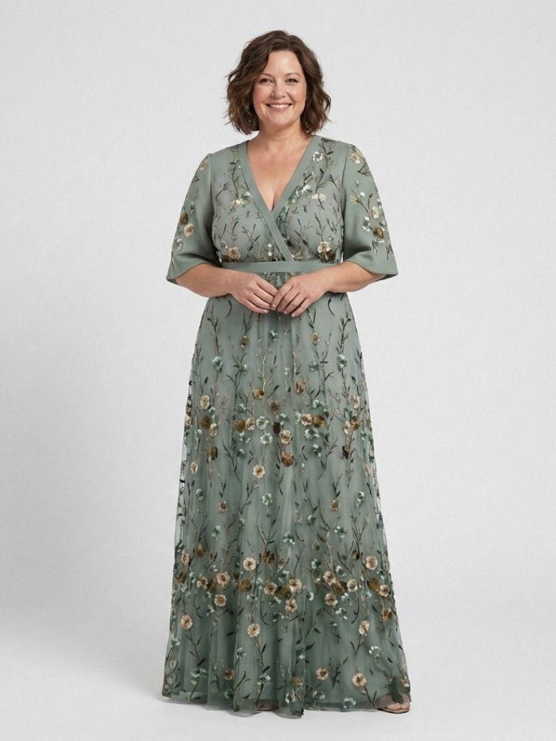 Vestido longo floral com mangas até o cotovelo e transparência — Bene Donna — imagem 05