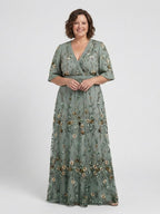 Vestido longo floral com mangas até o cotovelo e transparência — Bene Donna — imagem 05