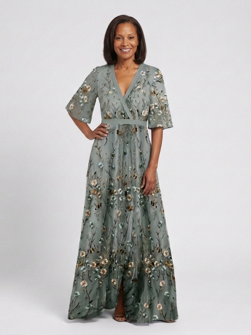 Vestido longo floral com mangas até o cotovelo e transparência — Bene Donna — imagem 06