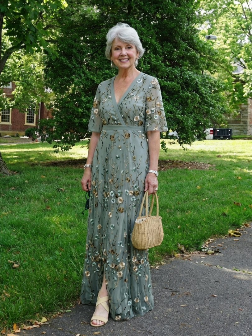 Vestido longo floral com mangas até o cotovelo e transparência — Bene Donna — imagem 08