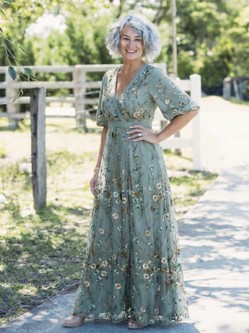 Vestido longo floral com mangas até o cotovelo e transparência — Bene Donna — imagem 09