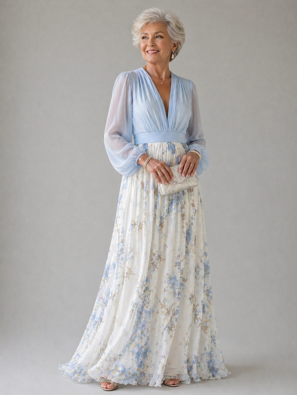Vestido longo floral com mangas transparentes e caimento fluido — Bene Donna — imagem 03