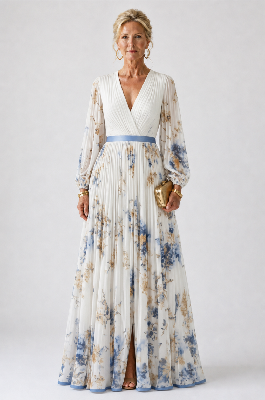 Vestido longo floral com mangas transparentes e faixa contrastante — Bene Donna — imagem 01
