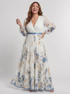 Vestido longo floral com mangas transparentes e faixa contrastante — Bene Donna — imagem 02