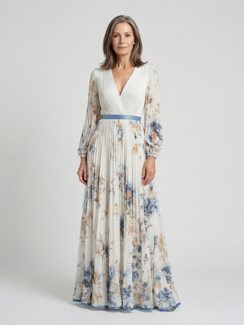 Vestido longo floral com mangas transparentes e faixa contrastante — Bene Donna — imagem 03