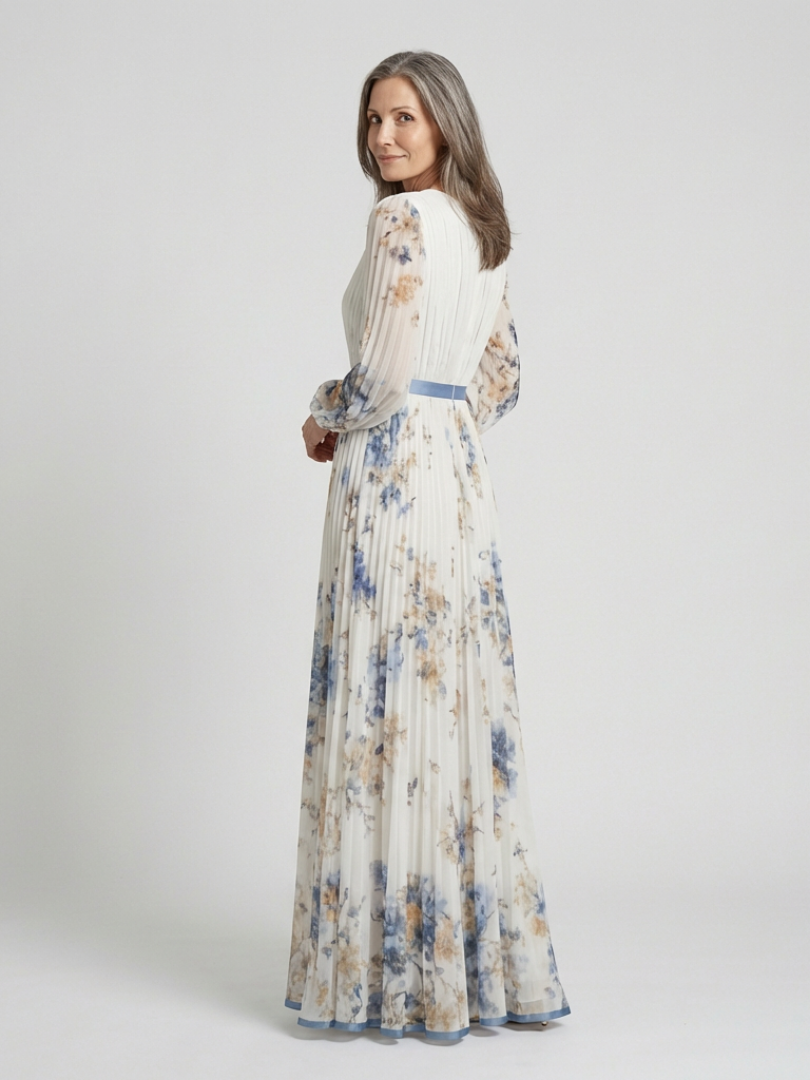 Vestido longo floral com mangas transparentes e faixa contrastante — Bene Donna — imagem 04
