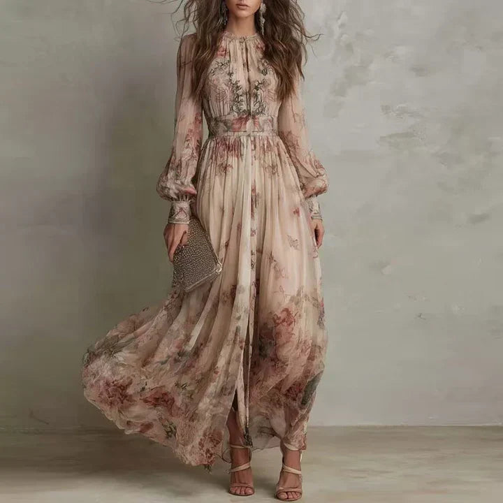 Vestido longo floral de cintura alta e mangas longas — Bene Donna — imagem 01