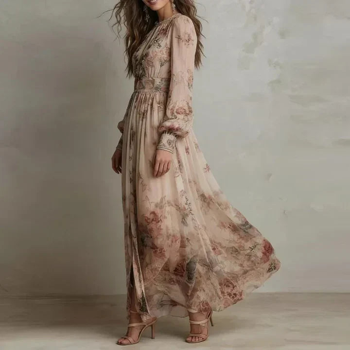Vestido longo floral de cintura alta e mangas longas — Bene Donna — imagem 02