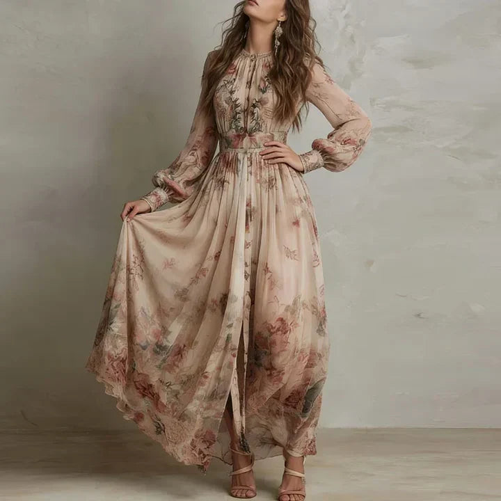 Vestido longo floral de cintura alta e mangas longas — Bene Donna — imagem 03