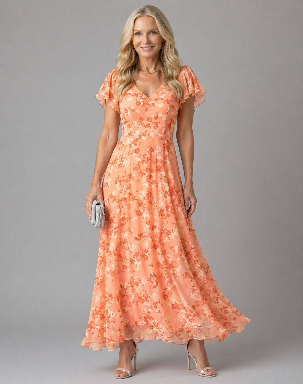 Vestido longo floral de decote V e mangas leves — Bene Donna — imagem 01