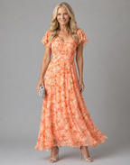 Vestido longo floral de decote V e mangas leves — Bene Donna — imagem 01