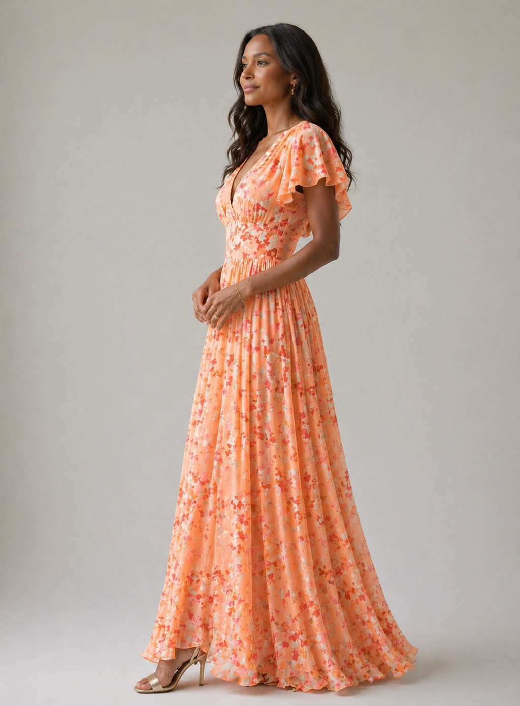Vestido longo floral de decote V e mangas leves — Bene Donna — imagem 02