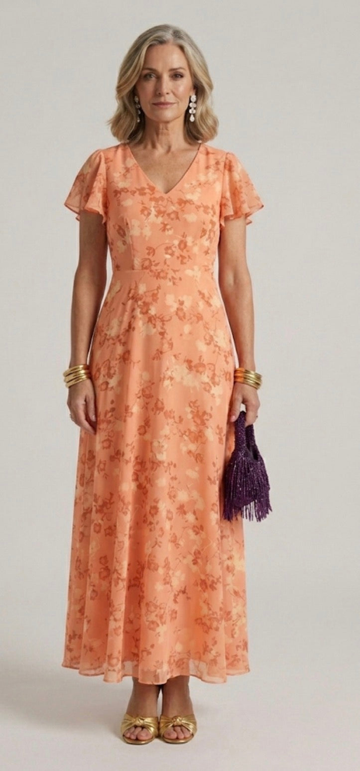 Vestido longo floral de decote V e mangas leves — Bene Donna — imagem 03