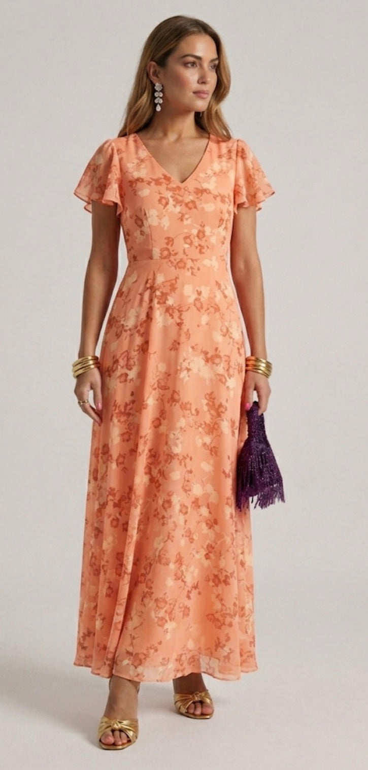 Vestido longo floral de decote V e mangas leves — Bene Donna — imagem 04