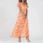 Vestido longo floral de decote V e mangas leves — Bene Donna — imagem 05