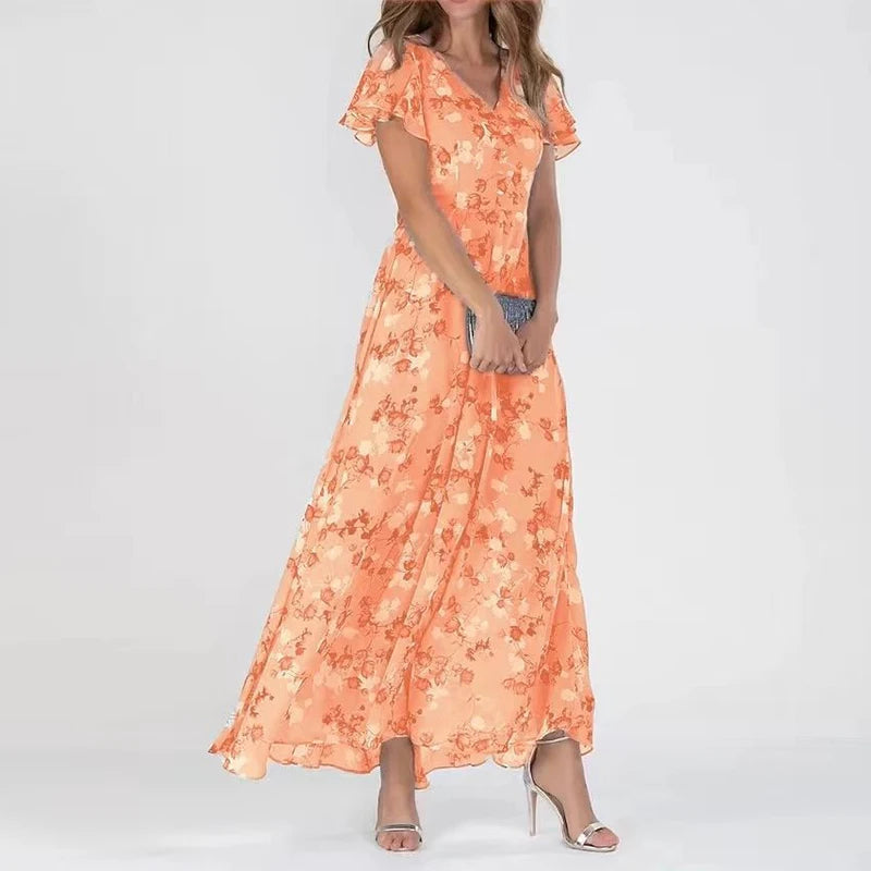 Vestido longo floral de decote V e mangas leves — Bene Donna — imagem 05