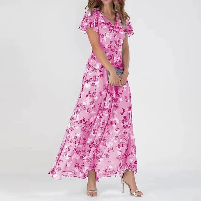 Vestido longo floral de decote V e mangas leves — Bene Donna — imagem 06