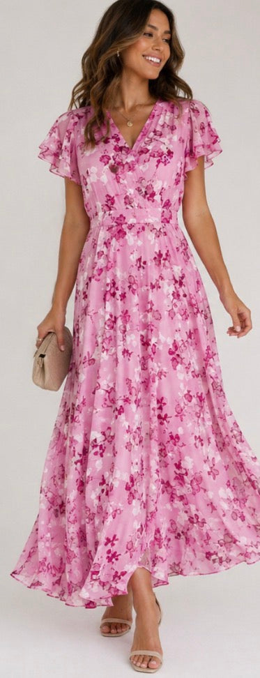 Vestido longo floral de decote V e mangas leves — Bene Donna — imagem 09
