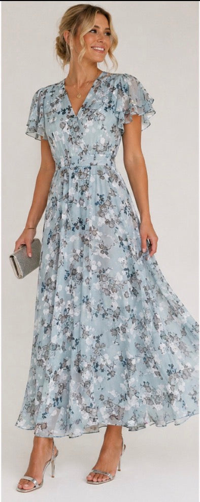Vestido longo floral de decote V e mangas leves — Bene Donna — imagem 10