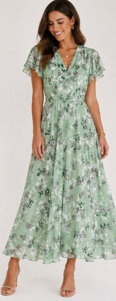 Vestido longo floral de decote V e mangas leves — Bene Donna — imagem 11
