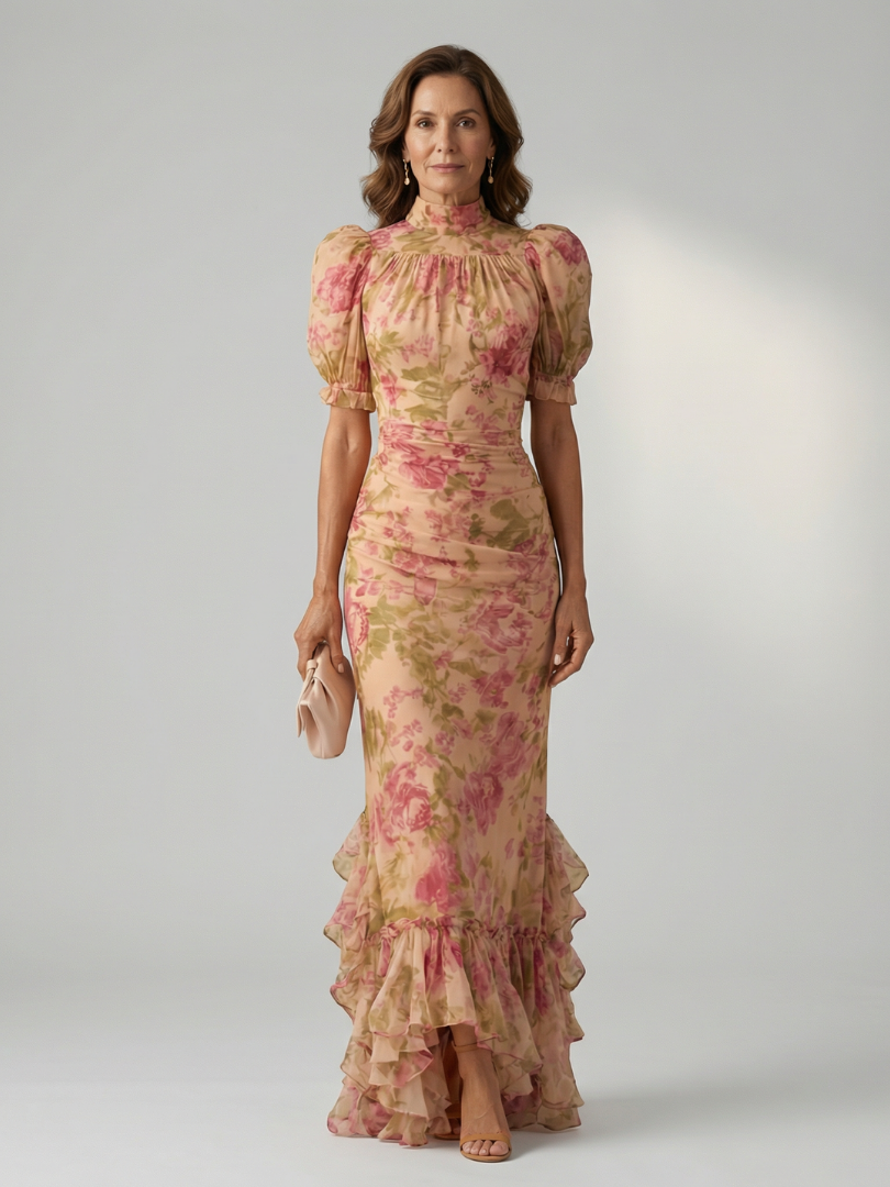 Vestido longo floral de gola alta e mangas bufantes curtas — Bene Donna — imagem 01