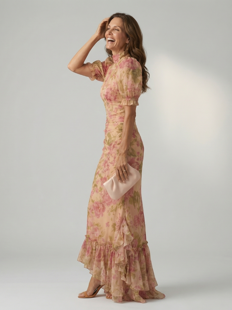 Vestido longo floral de gola alta e mangas bufantes curtas — Bene Donna — imagem 02