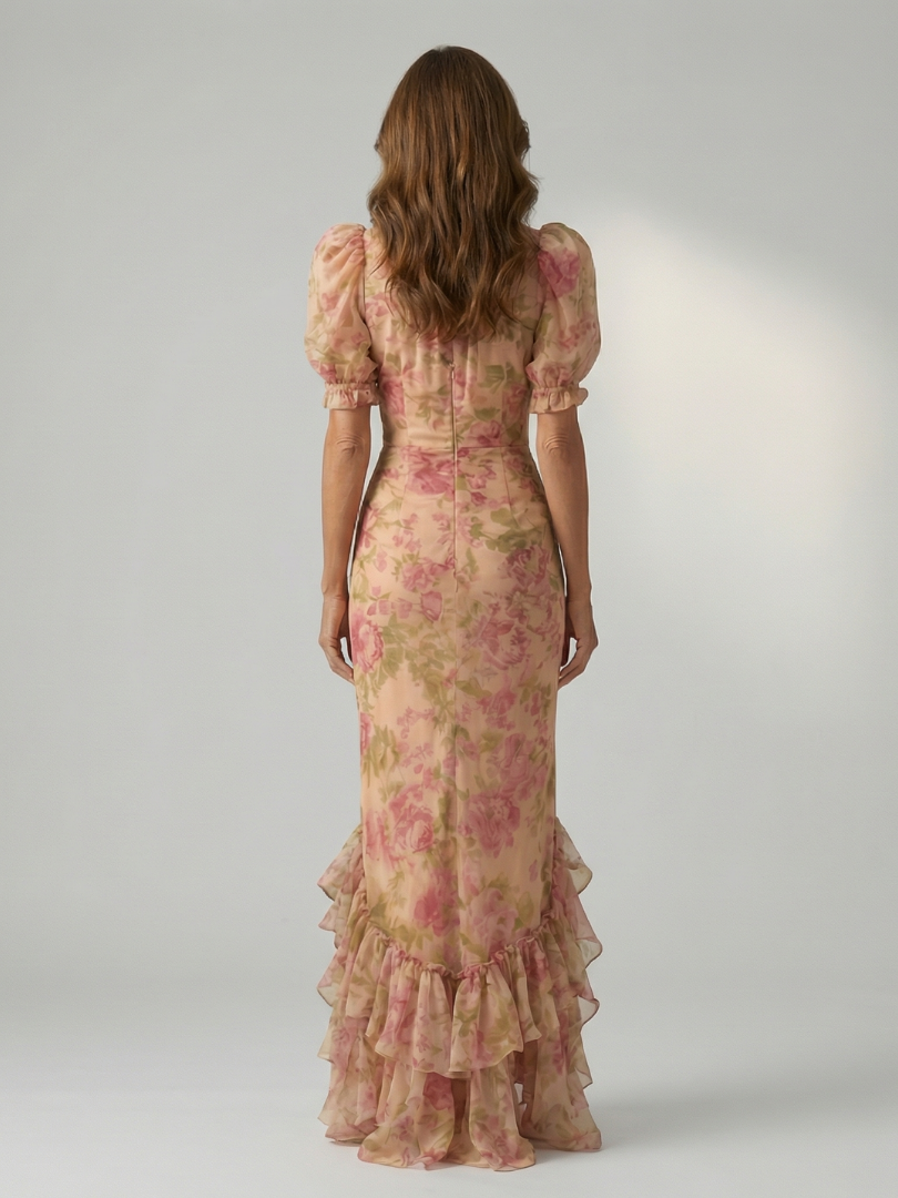 Vestido longo floral de gola alta e mangas bufantes curtas — Bene Donna — imagem 04