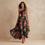 Vestido longo floral de um ombro só com cintura transpassada — Bene Donna — imagem 01