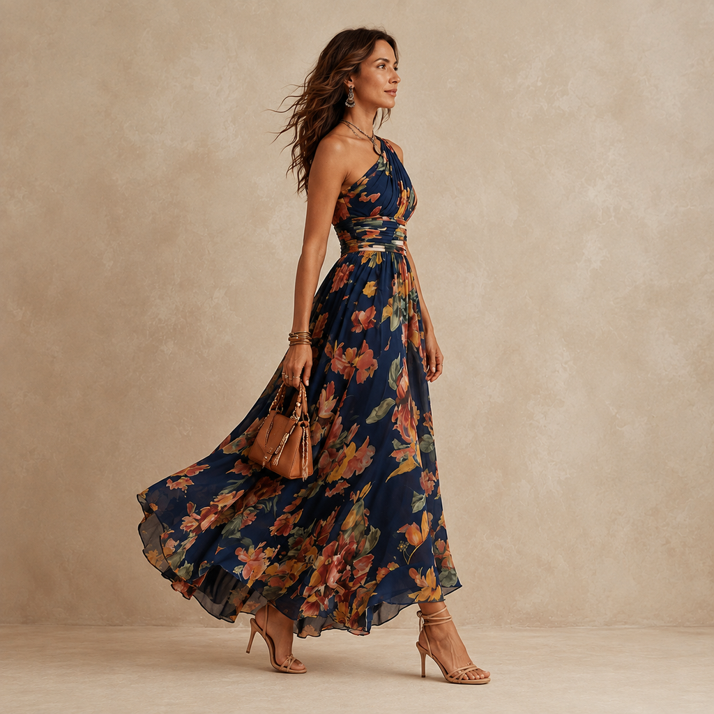 Vestido longo floral de um ombro só com cintura transpassada — Bene Donna — imagem 02